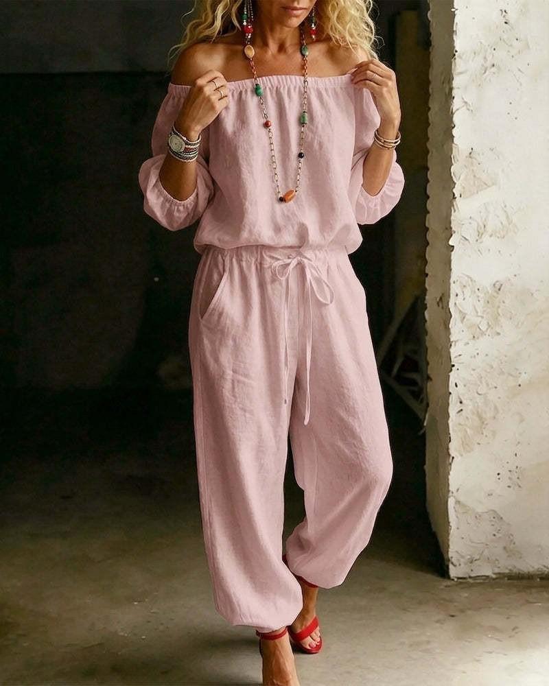 Womens Off Shoulder Long Sleeve Top Drawstring Waist Tapered Pants Two Piece Casual Outfit
