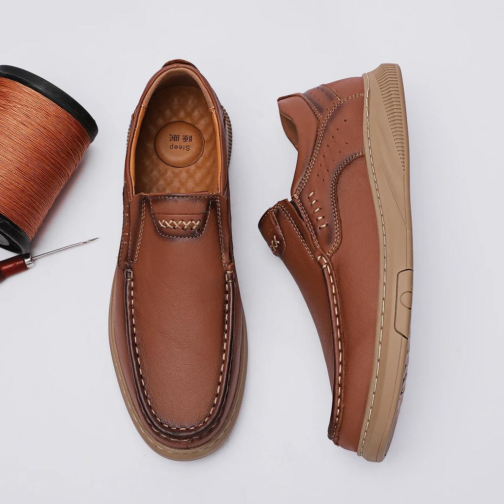 Fashion Mens Genuine Leather Hiking Shoes Soft Anti-slip Rubber Loafers Man Casual Leather Shoes Handmade Walking Footwear Driving Shoes