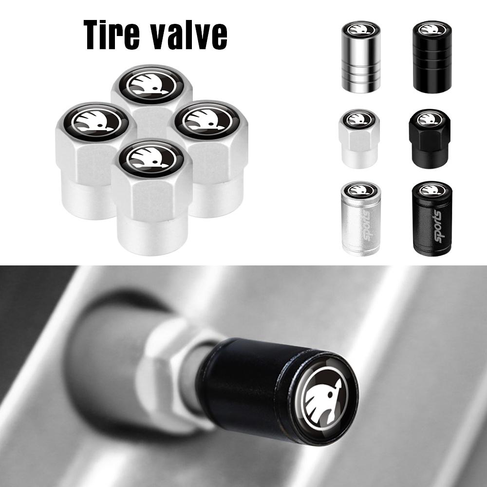 AAAJC1 4Pcs Car Metal Wheel Tire Valve Stem Cap For Skoda Kodiaq Octavia Enyaq Kamiq Scala Rapid Superb Karoq Vision RS Yeti A7 VRS MK2