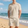Mens Summer Casual Waffle V Neck Polo Shirt And Shorts Two Piece Set