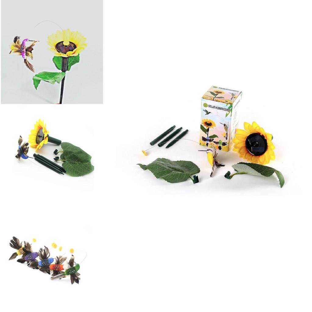 Elegant Sunflower Garden Stake Featuring Solar Powered Fluttering Hummingbird Design