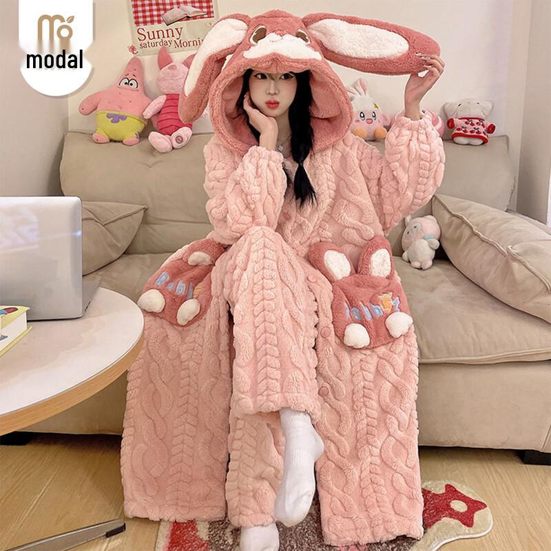 Women s Thickened Coral Fleece Hooded Robe and Pajama Set One Size (40-70kg)