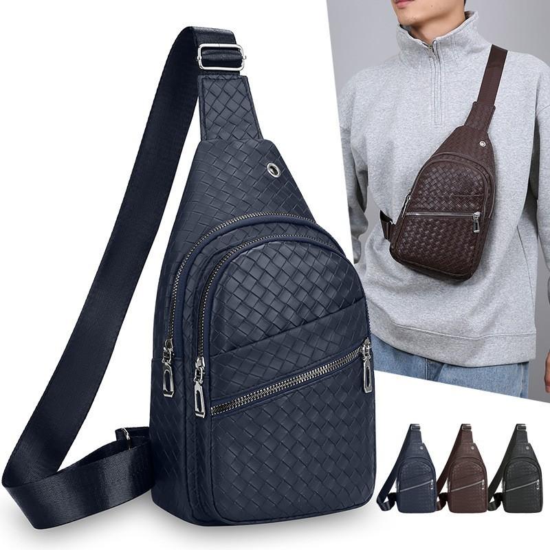 Men's Chest Bag New Woven Pattern PU Leather Chest Bag Men's Outdoor Leisure Sports Chest Crossbody Bag