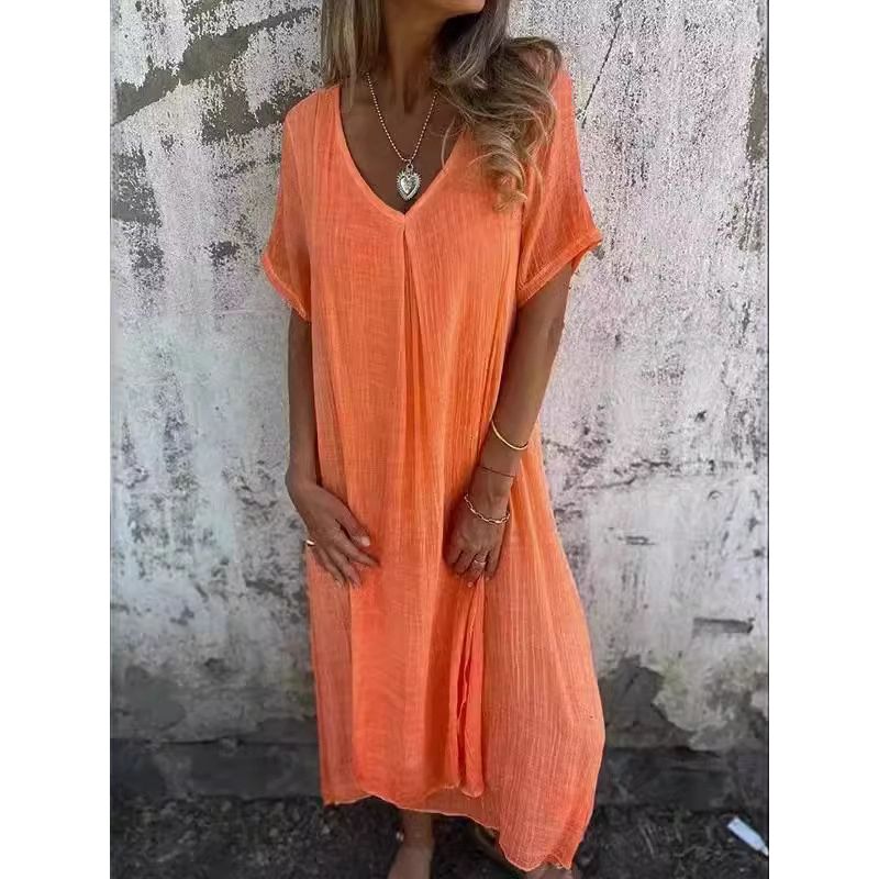 Short Sleeve V-neck Solid Color Dress Women's Short Sleeve V Neck Pure Color Dress