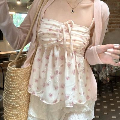 Women's Lace Floral Vest 2025 Summer Top Pink Frenum Pleated Design Spice Girl Pure Desire Floral Suspenders Summer Inside Vest
