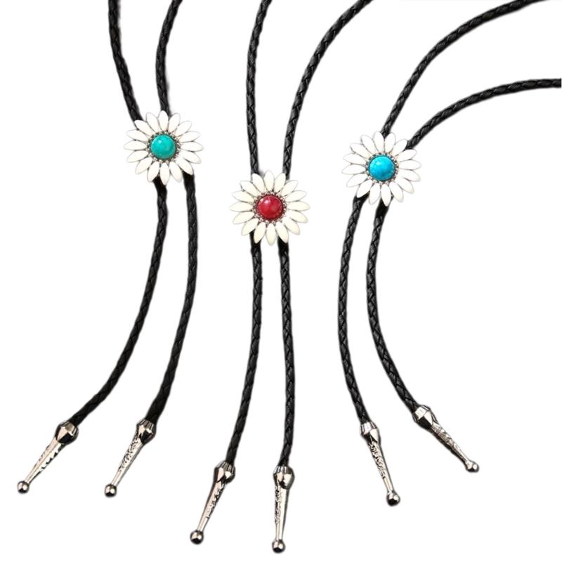 

3Pcs Rodeos Bolo Tie with Daisy Flower Stone Pendant Braided Leather Adjustable Chain Necktie Western Jewelry Necklace 1