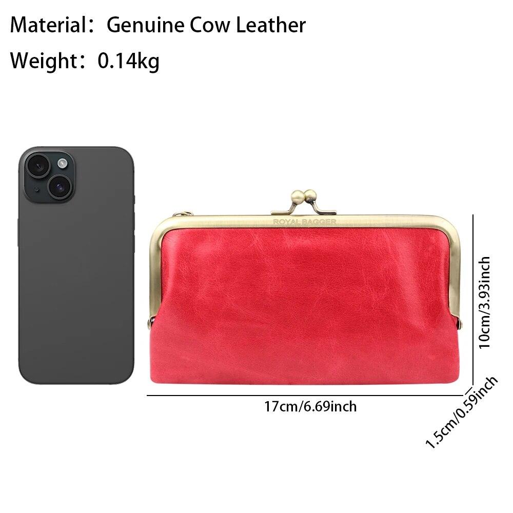 Royal Bagger Retro Long Wallet for Women Genuine Cow Leather Clutch Coin Purse Large Capacity Card Holder with Kiss Lock 1497