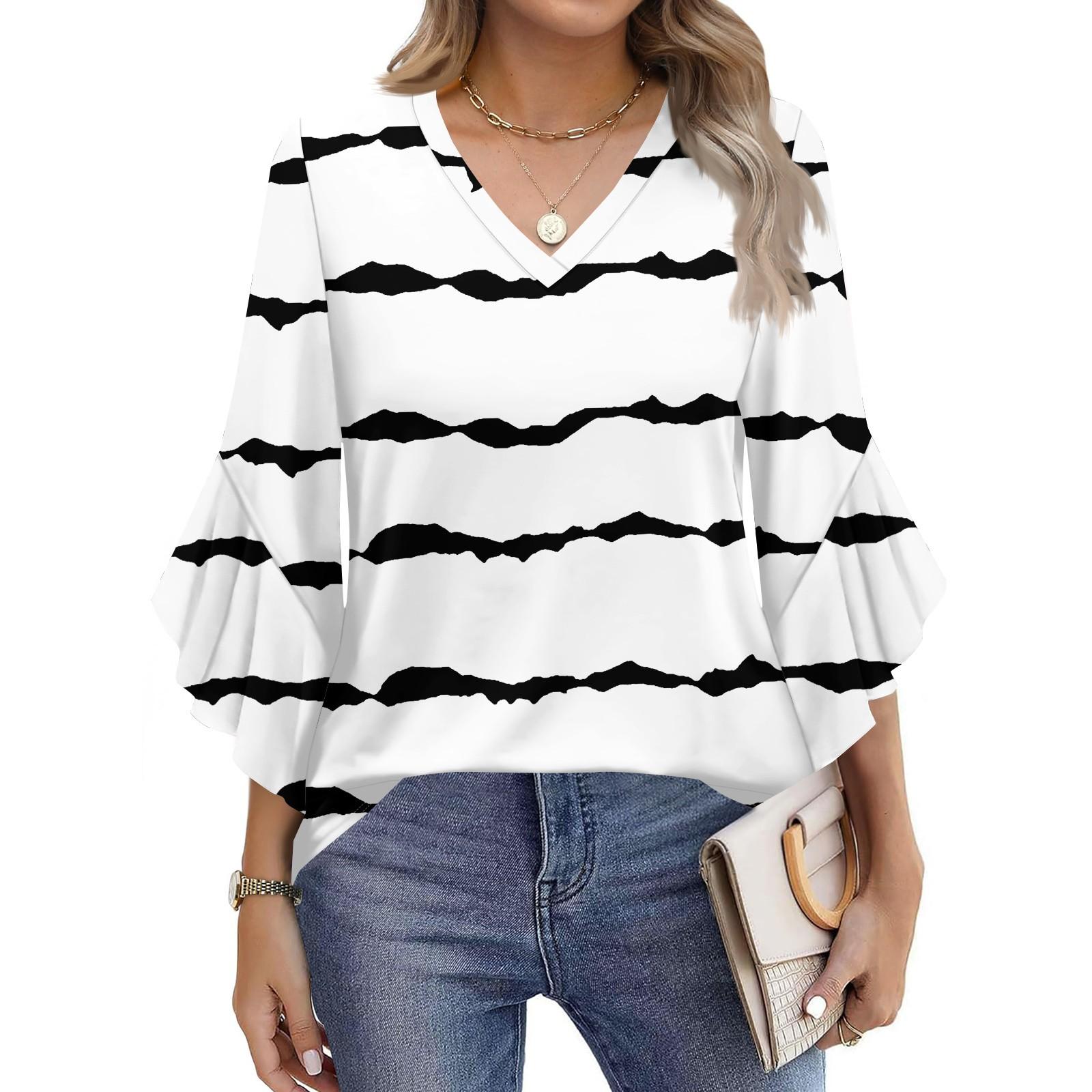 

Женская модная повседневная футболка с принтом в полоску и рукавом «семь минут», V-образный вырез, расклешенные рукава XL белый