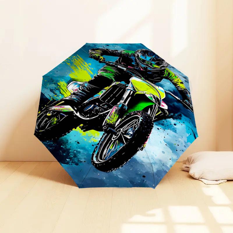 Motocross Rider Splash Art Print Umbrella - Automatic Opening & Closing, Portable Folding Design, 8-Rib Iron Frame, Outdoor Rain Gear, Ideal