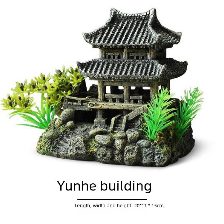 Jiangnan Water Town Fish Tank Landscape: Resin House & Yunhe Tower Aquarium Decor