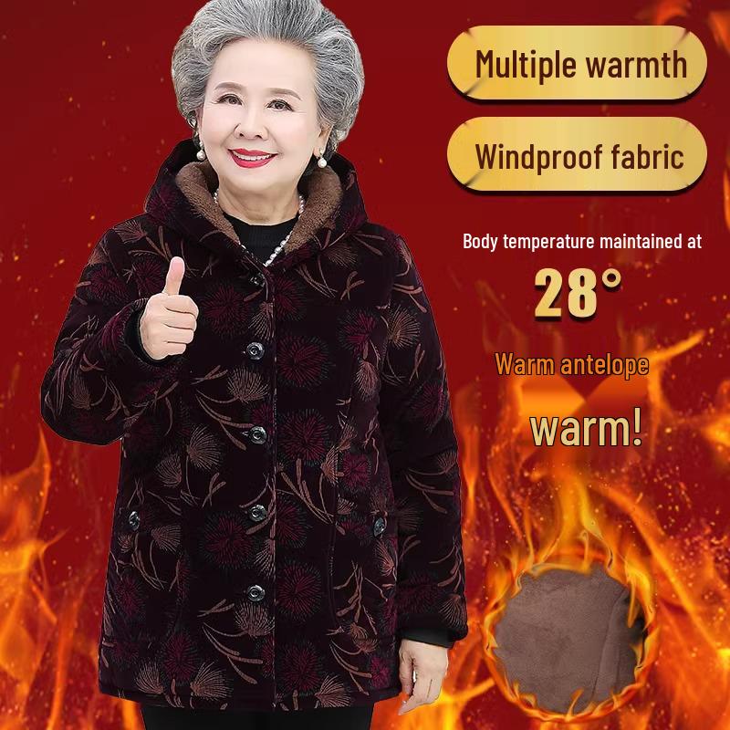 Grandma's Hooded Winter Coat: Thickened Cotton-Padded Jacket for Middle-Aged and Elderly Women
