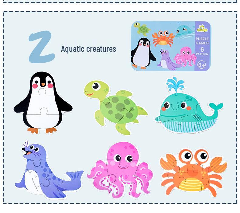 Children's Educational Wooden Cognitive Puzzle Toy - Six-in-One Tin Box