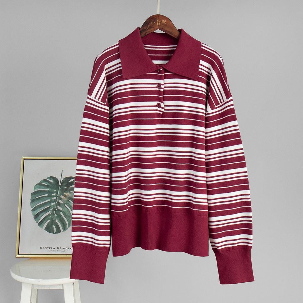 Autumn American Retro Striped Sweater Women's Collar Knit T-shirt Slimming Design Office Versatile Knitted Undercoat Top