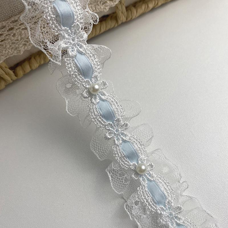 1Yard Lolita Pleated Lace Lvory Bead Ruffled Lace Fabric Edging Satin Ribbon Diy Clothing Curtain Furniture Decoration Accessory