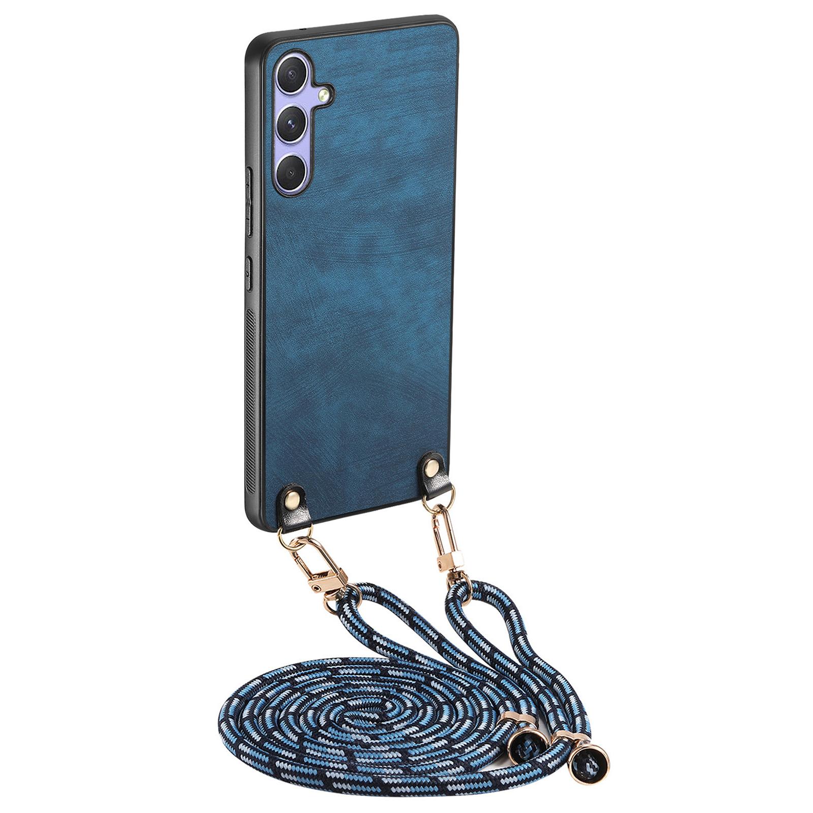 

For Samsung Galaxy A36 5G Case Retro Texture Leather Coated PC+TPU Phone Cover with Hanging Rope Blue