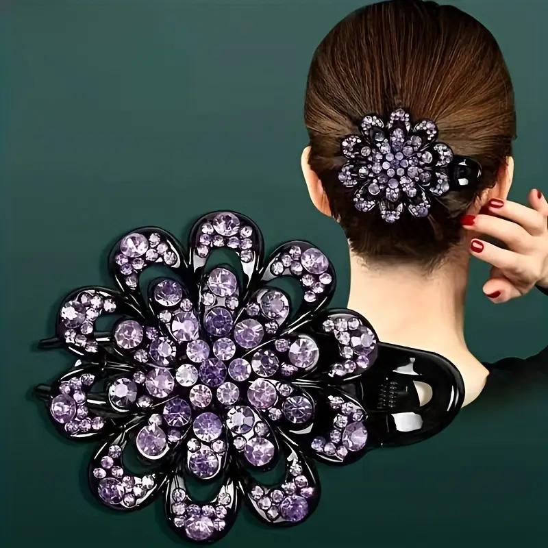 Flower Hair Clip Crystal Rhinestone Fancy Ponytail Barrette Elegant Hair Clip for Women