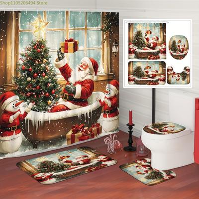 1/4 Stück Weihnachten Winter Santa Baum Schneemann Niedlich Lustig Rot Grün Duschvorhang Set mit Duschvorhang und Teppichen Polyester Deko