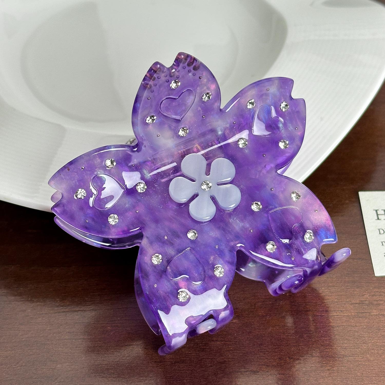 

Трендовая Элегантная Заколка-краб для волос из ацетата с красивыми цветочными мотивами и сверкающими стразами Vibrant Purple