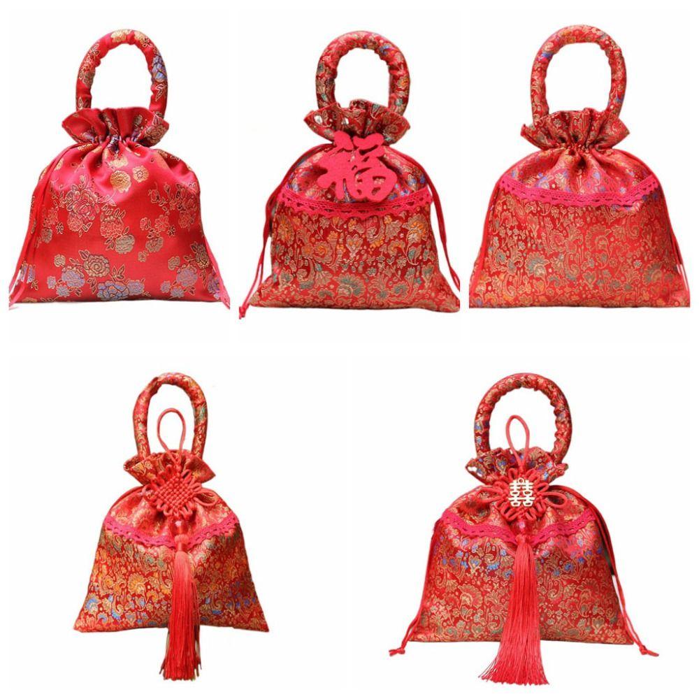 Chinese Style Flower Drawstring Bag Candy Storage Festive Sugar Bag Canvas Tassel Handbag Party