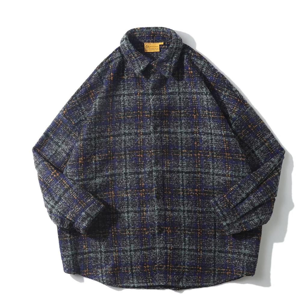 Japanese Retro Plaid Wool Shirt, Men's and Unisex Long Sleeve Jacket, Korean Style Trendy Spring & Fall Casual Wear