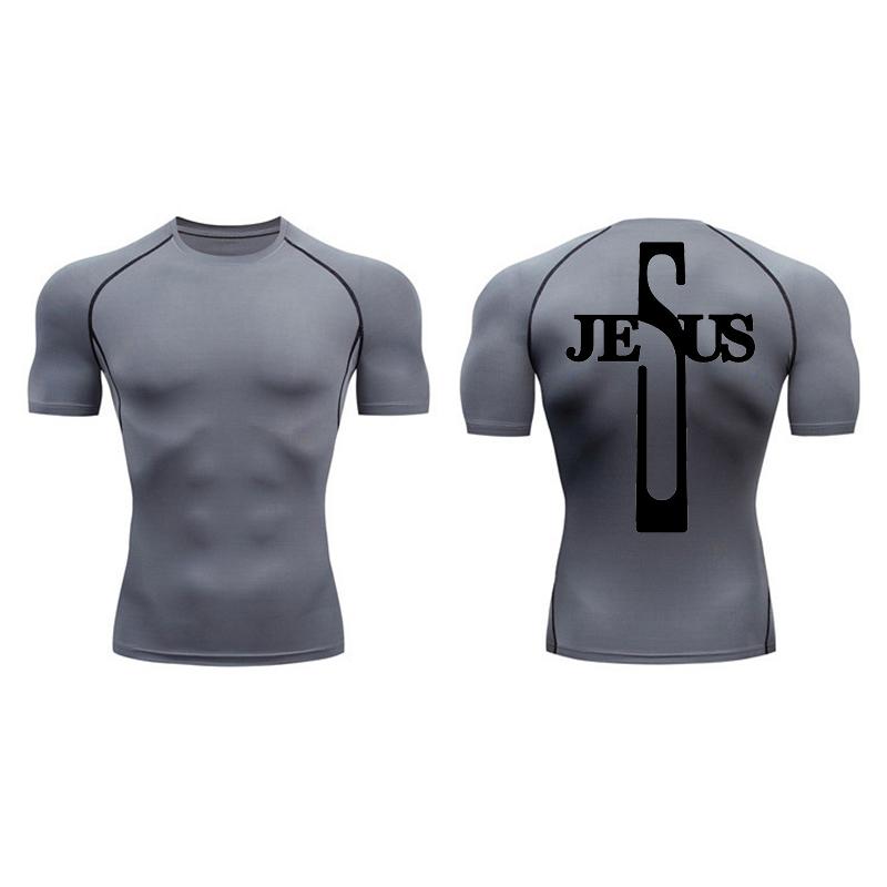 Cross Print Compression Shirt for Men Athletic Quick Dry Short Sleeve Tops Baselayer Christian Gym Workout Running T-shirts Tees