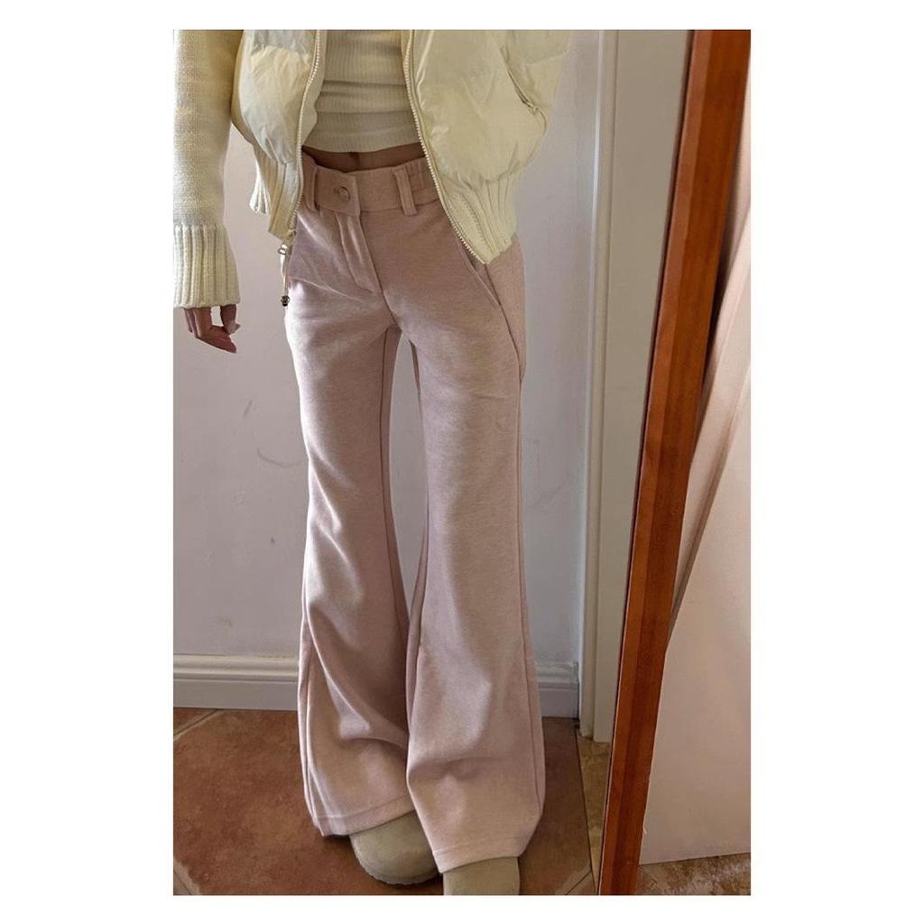 2024 Women's Pink High-Waisted Slimming Micro-Flared Fleece-Lined Casual Winter Pants