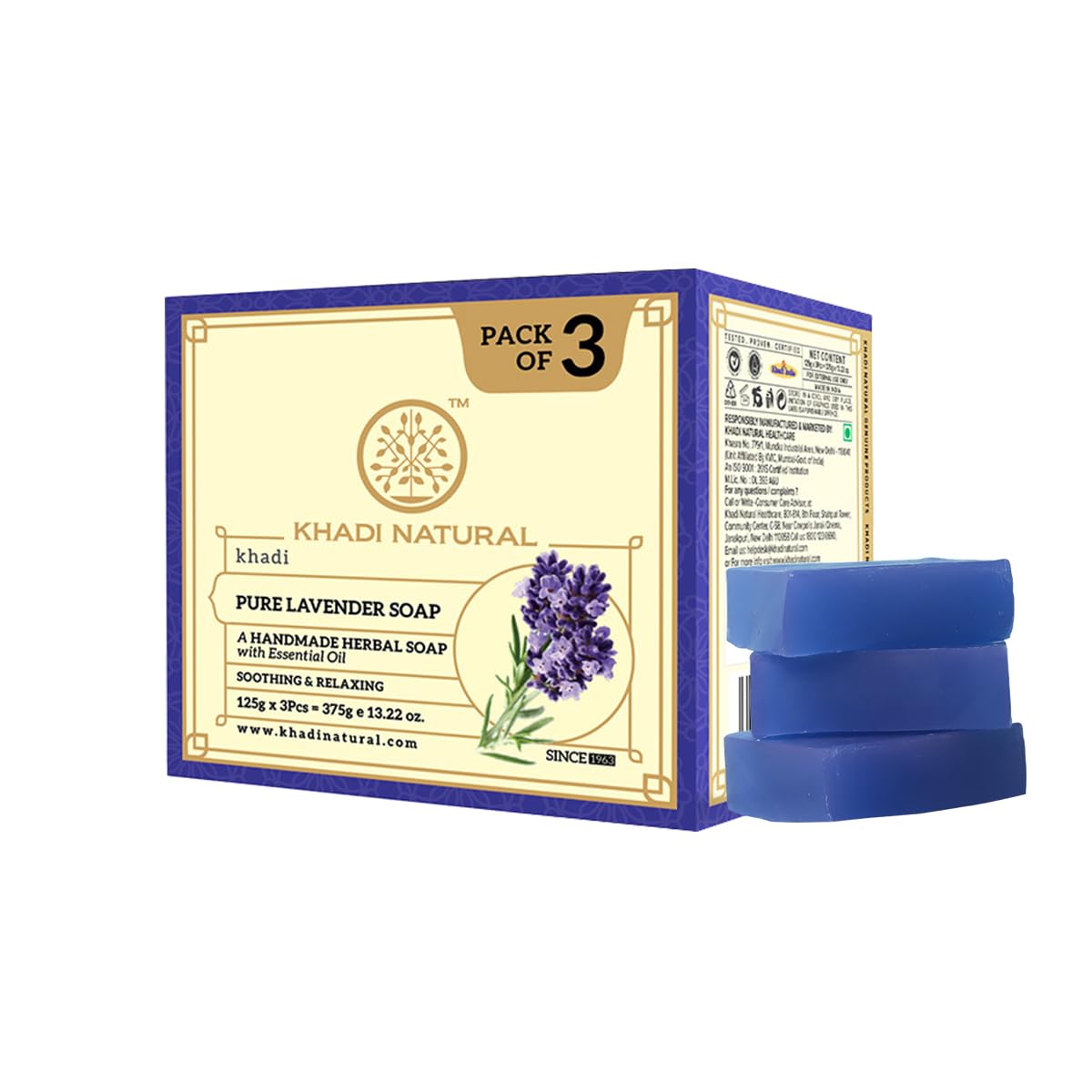 

Khadi Natural Lavender Soap Pack of 1( 3 pcs x 125g )| Gentle Bathing Bar for Soft, Healthy Skin and Stress Relief