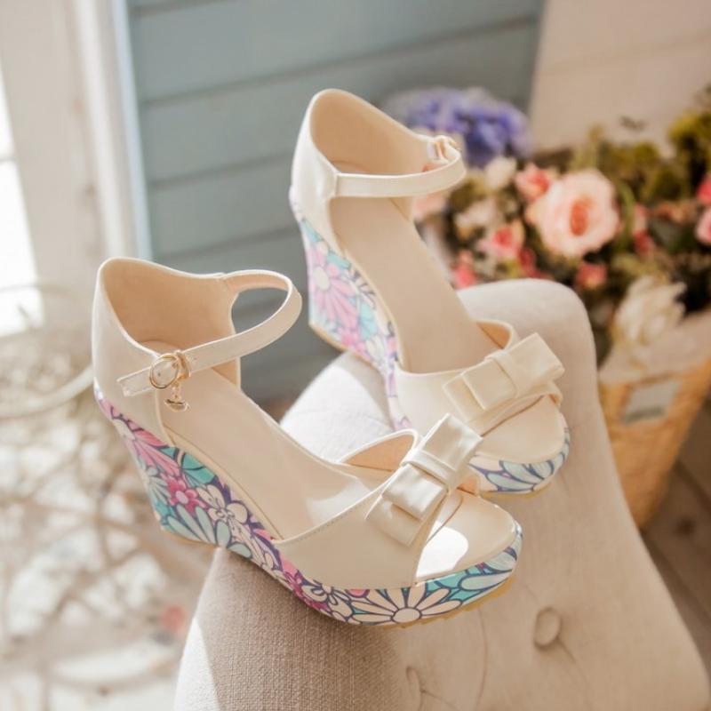 Plus size 34-43 Bowknot Women Summer Open Toe Wedges Sandals Print Platform Women Sandals Pink Blue High Heels Sandalias WSH3923