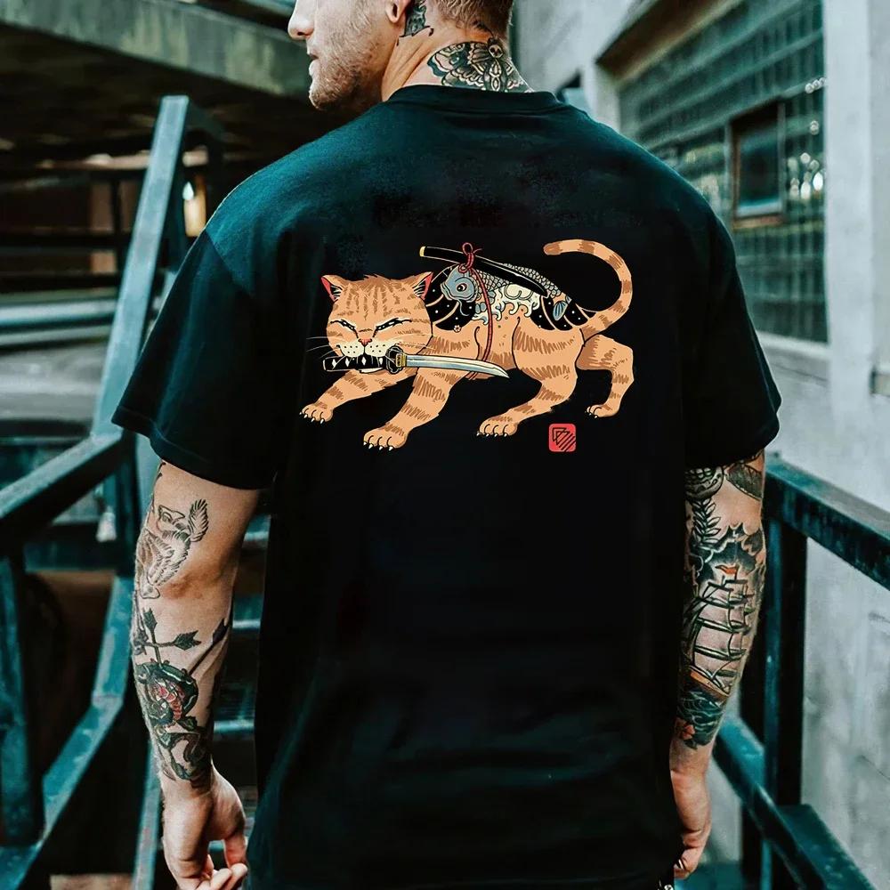 Cartoon Anime Samurai Cat Printed T Shirt For Men Outdoor Hip Hop Harajuku Vintage Clothes Casual O-neck Loose Short Sleeve Tees