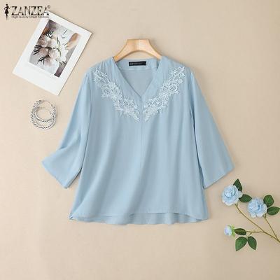 Women Summer V-neck Loose Casual 3/4 Sleeve Blouse