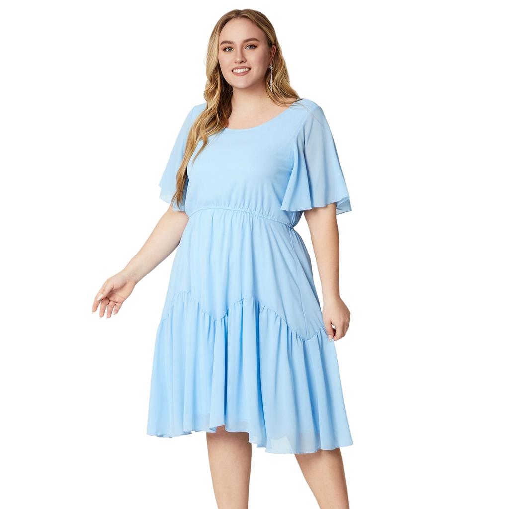 Plus Size Women's Dress Summer Round Neck Short Sleeve Printed Chiffon Dresses