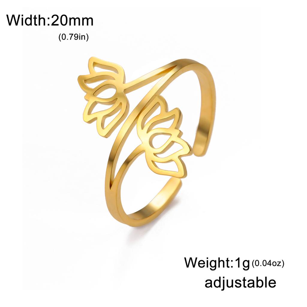 Fashionable hollow double lotus opening ring stainless steel irregular minimalism Bohemian lotus eternal ring yoga couple gift