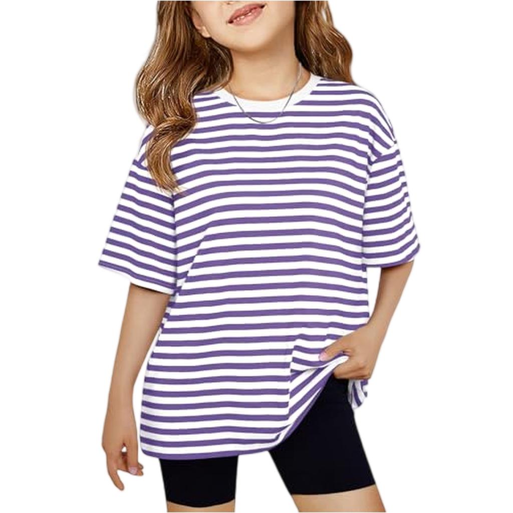 Girls Short Sleeve Striped T Shirt Crewneck Loose Fit Casual Cotton Tee for Kids Lightweight Breathable Top for Summer Daily Wear