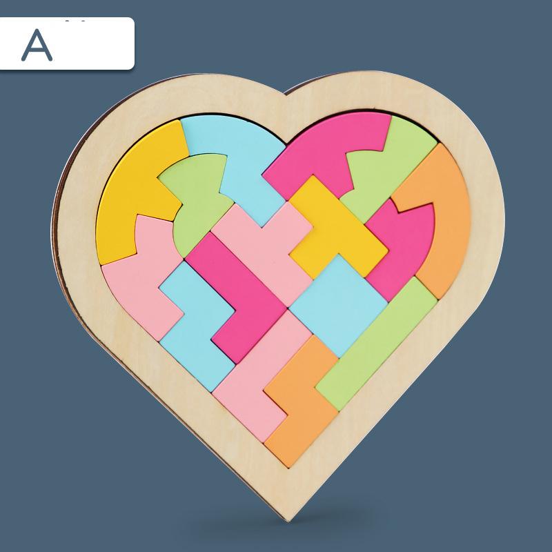 Dětská dřevěná 3D logická hra Barevná Jigsaw Tangram Matematické hračky Tvar srdce Dětské Montessori vzdělávací hračky