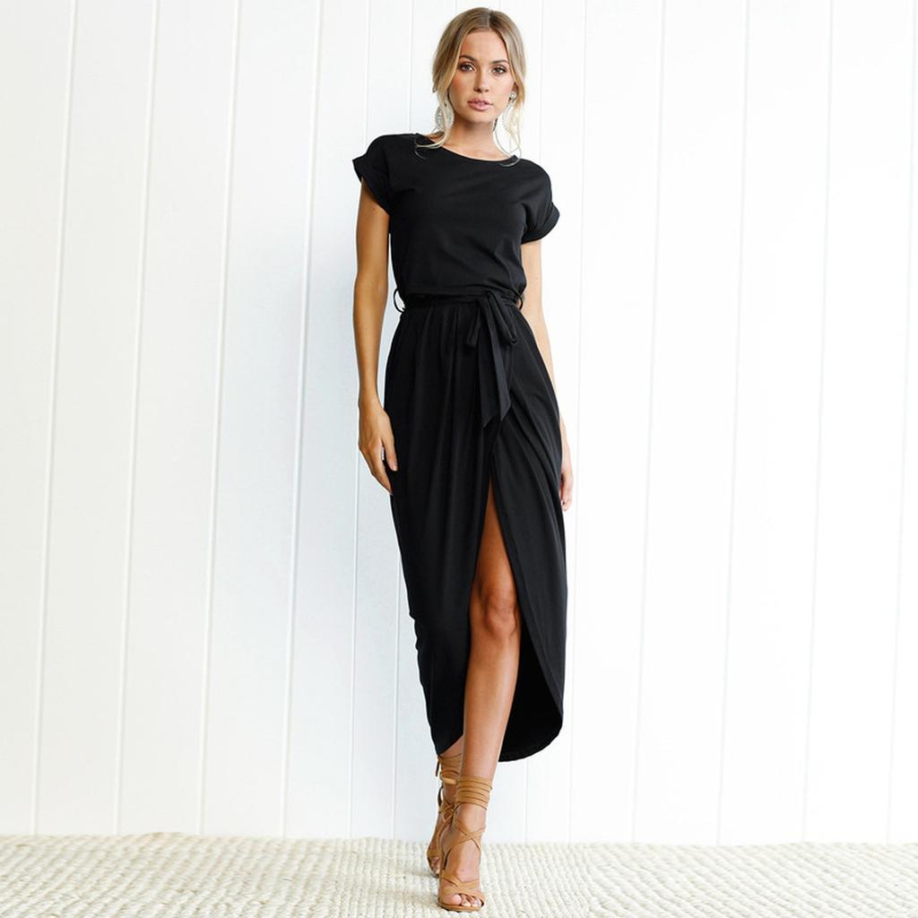 Fashionable Women'scolor Short-sleeved Round Neck Irregular Dress With Rolled-up Sleeves
