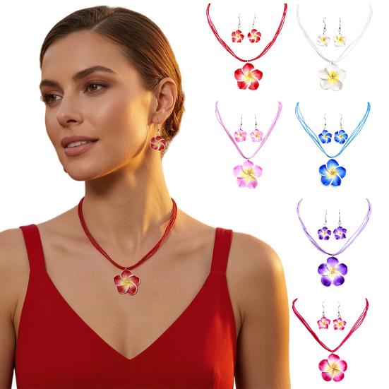 2Pcs/Set Lightweight Floral Jewelry Set, Polymer Clay Realistic Flower Charm Necklace, Hawaiian Style Drop Earrings for Daily Wear