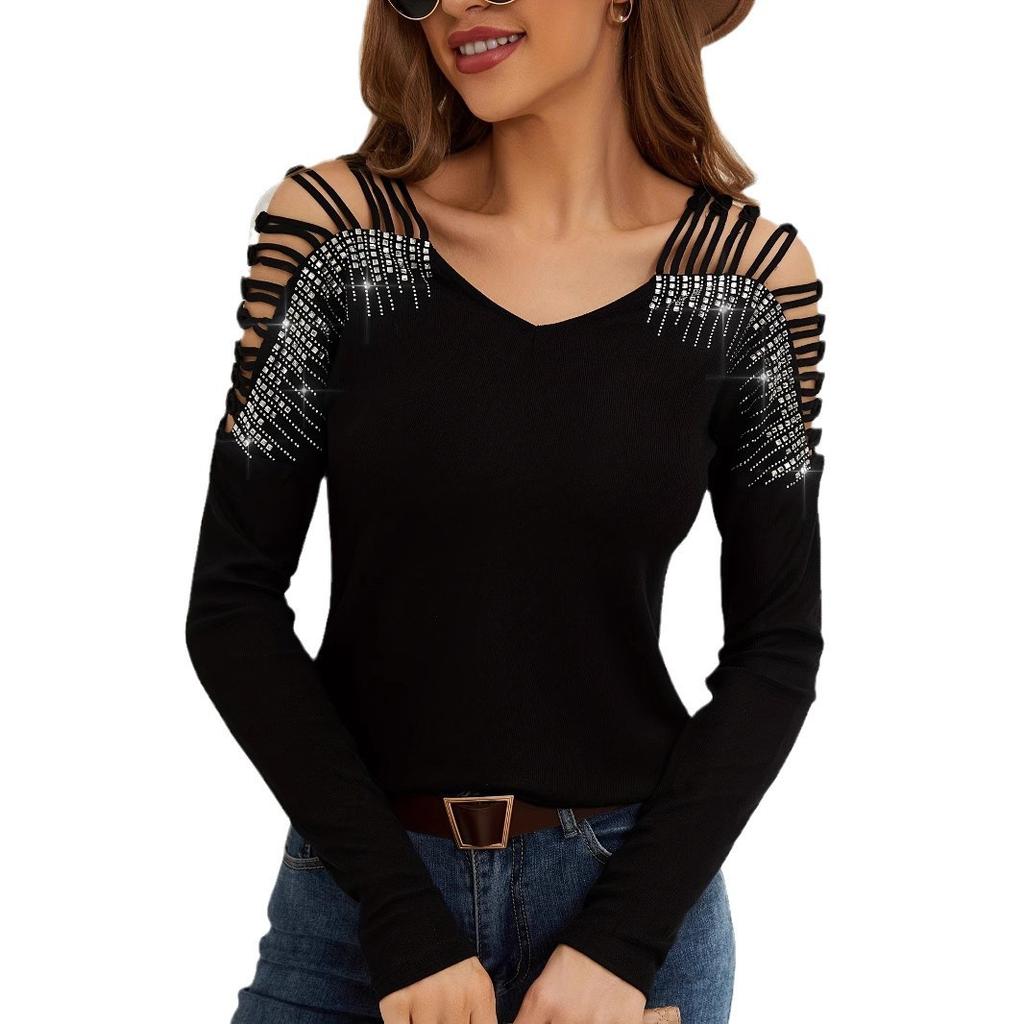 Fashion Lace Splicing Heavy Drilling V-Neck Floor Length Long Sleeve T-Shirt Women's Tops Versatile Closet Essential Fashion Items Shirt