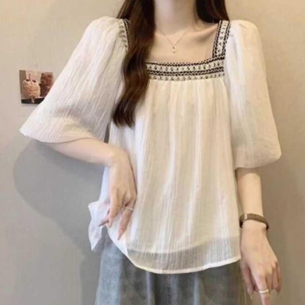 Navava Women Retro Square Neck Short Sleeve Blouse Nb2744