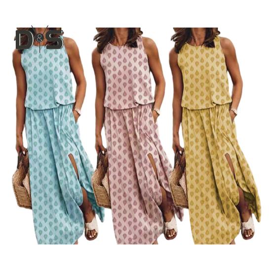 Women's Sleeveless Maxi Dress Casual Crew Neck Elastic Waist Split Long Dress with Pocket Summer Beach Vacation Sundress