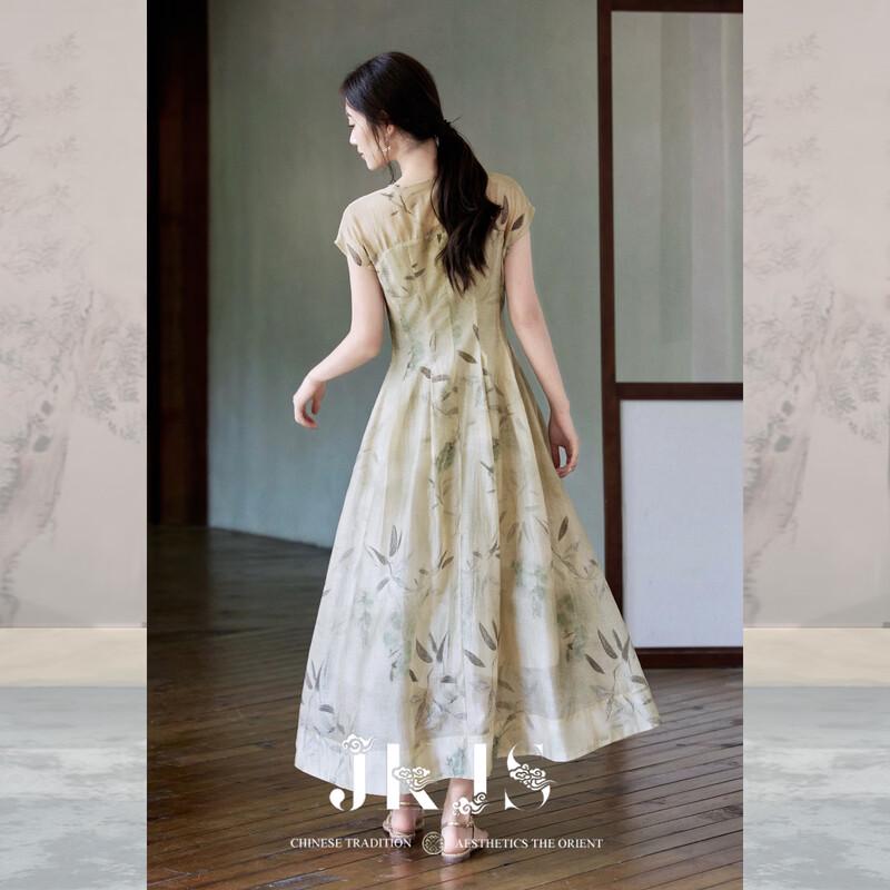 JK&JS Qingzhuxu Guofeng Tencel Linen Floral Cheongsam Dress