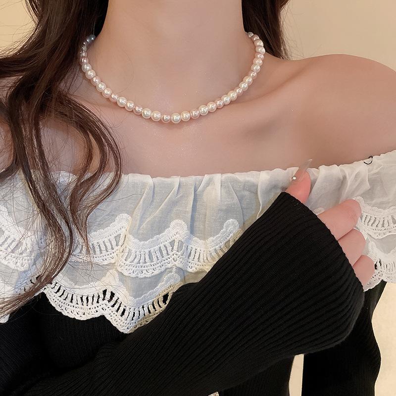 French Long Stacked Colored Pearl Necklace, Simple Temperament Collarbone Chain, Retro Necklace for Women