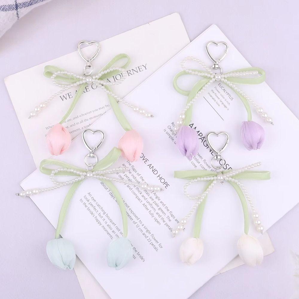 Handmade Pearl Tulip Keychain Car Keyring Heart Bag Charm Trendy Tulip Pendant  Women