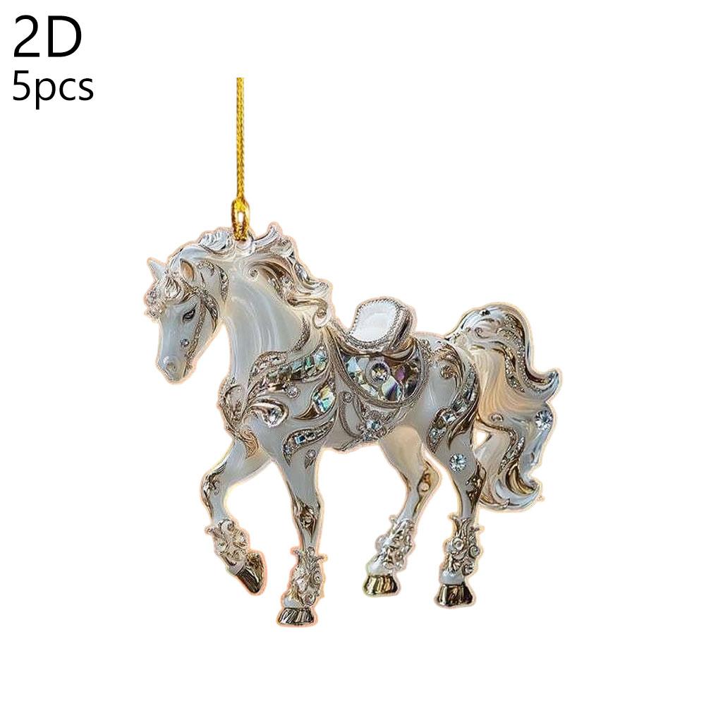 5PCS Modern Horse Ornaments White Acrylic Flat Hanging Decor Home 2026 New Year Christmas Tree Decoration Simple Style Gift Set