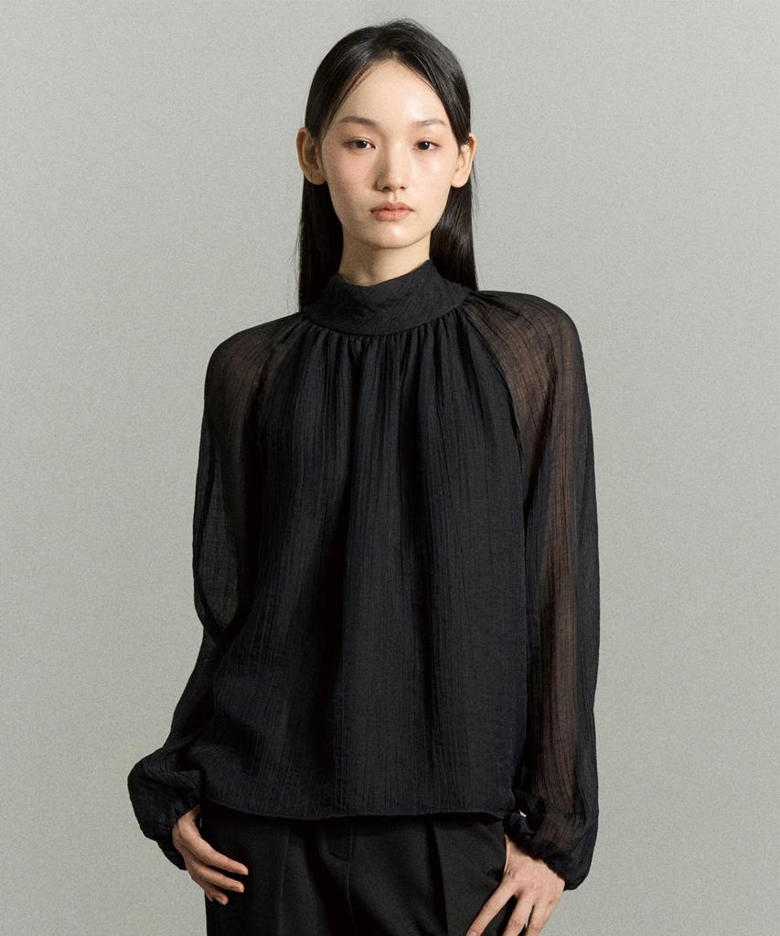 RE RHEE High Neck Sheer Sleeve Blouse