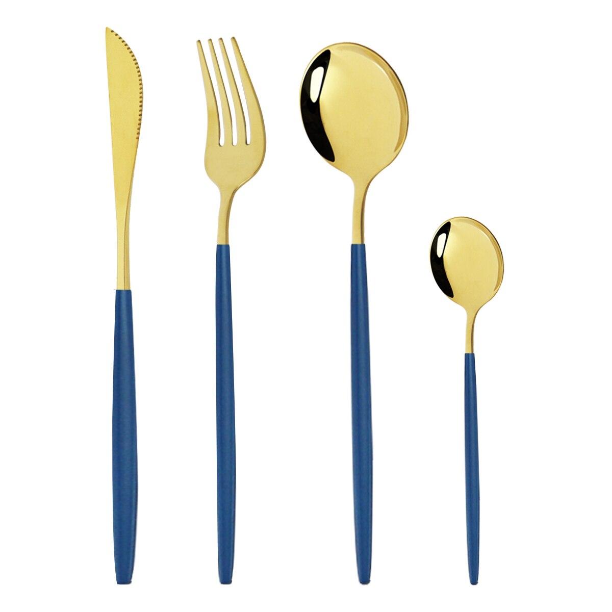 

4 шт./компл., столовые приборы из нержавеющей стали из черного золота, столовые приборы, красочный нож, вилка, чайная ложка, столовые приборы, экологически чистые для вечеринки синий/золотой