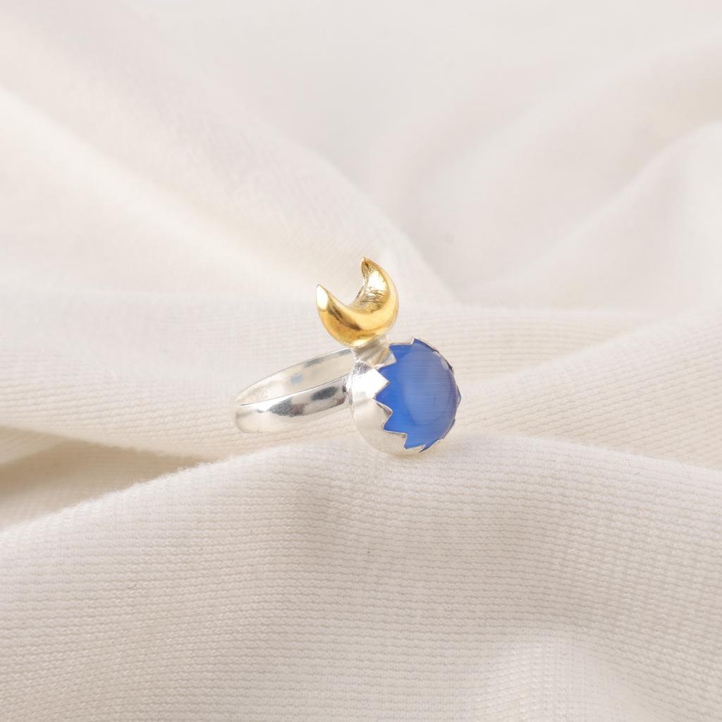 Natural Dark Blue Cat's Eye 925 Silver Mother Gift Stackable Friendship Day Ring RR-58-46