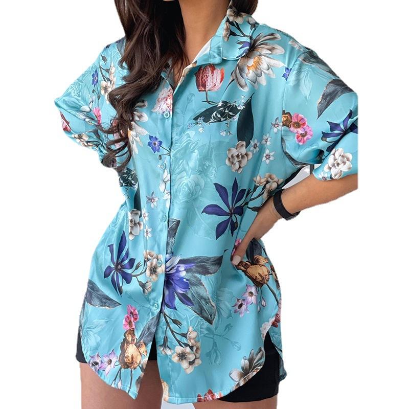 Women s Long Sleeve Lapel Mid-length Printed Shirt Clothes Sale S синий