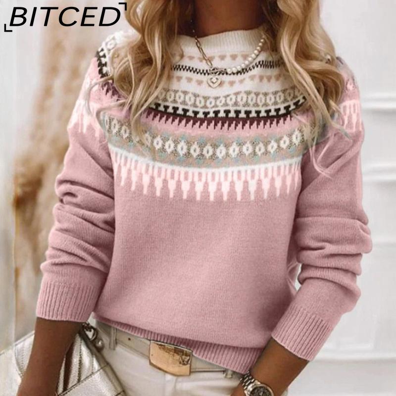 BITCED Women's Sweater - O-Neck Color-Blocked Oversized Fashion Pullover Knit