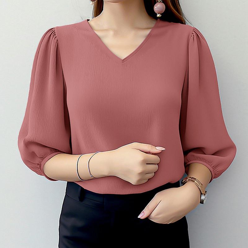 

ZANZEA Женская повседневная однотонная блузка с V-образным вырезом и рукавом 3/4 5XL камео розовый