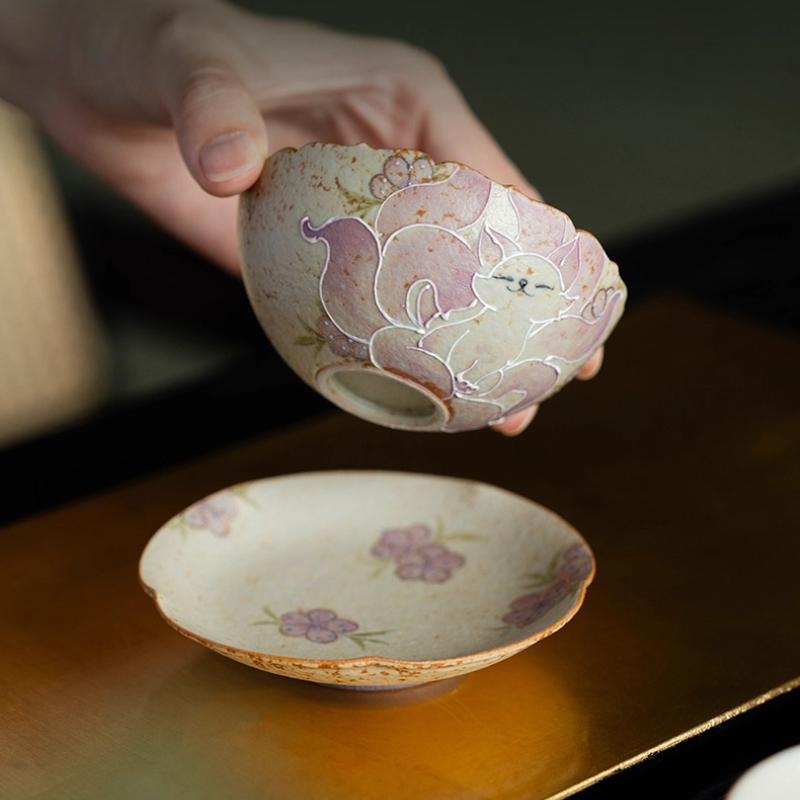 Ceramic teacup master cup  pure hand-painted nine-tailed fairy fox flower sequence cup with coaster Chinese tea set